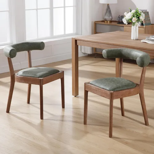 Miniatura 10 de Kmax Sillas de comedor de mediados de siglo, sillas de cocina de tela moderna con marco con acabado de nogal natural, respaldo curvado de lino, beige
