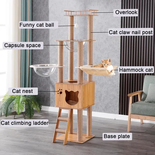 Miniatura 3 de Árbol de madera para gatos de 61 pulgadas con condominio para gatos, postes rascadores de escaleras para gatos, 2 cuencos, postes rascadores
