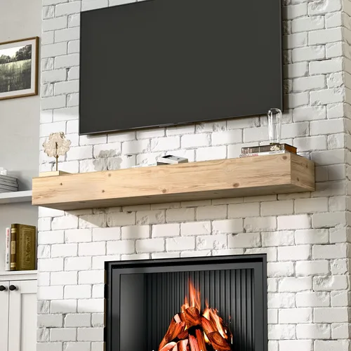 Miniatura 11 de Repisa de Chimenea de 60 Pulgadas, Repisa de Chimenea Artesanal para Sobre la Chimenea, Repisa de Madera con Soporte Invisible de Servicio Pesado