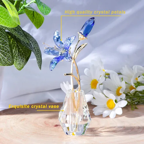 Miniatura 4 de YWHL Figura de flor de lirio de cristal con jarrón, hecha a mano, regalo de flor de lirio azul para mujer, regalos de boda para pareja, decoración