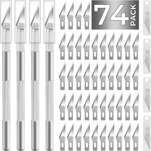 JTIEO Exacto Hobby - Cuchillo para manualidades, paquete de 74 con 4 cuchillos afilados mejorados y 70 cuchillas de repuesto para arte, álbumes de