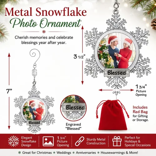 Miniatura 5 de Adorno fotográfico de copo de nieve – Copo de nieve blanco brillante con detalles de diamantes de imitación transparentes y grabado bendito
