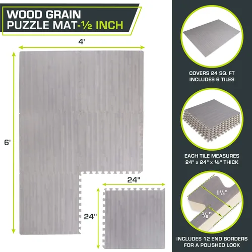 Miniatura 2 de ProsourceFit Tapete de rompecabezas de grano de madera de 1/2 pulgada, 6 baldosas de espuma EVA entrelazadas (24 pies cuadrados) para suelo de Gris
