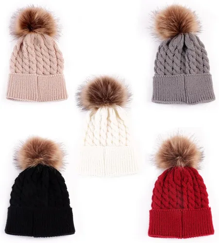 Miniatura 8 de oenbopo Baby Winter Warm Knit Hat Infant Toddler Kid Crochet Fur Hairball Beanie Cap