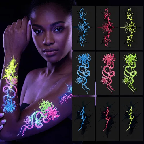 Kotbs 9 hojas de tatuajes temporales que brillan en la oscuridad para mujeres y hombres, alas de serpiente florales de neón UV, tatuajes falsos