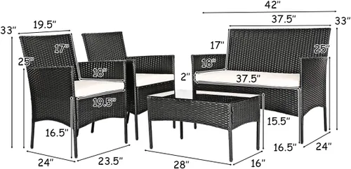 Miniatura 5 de Tangkula Juego de muebles de patio de 4 piezas, juego de conversación de mimbre para exteriores con mesa de centro de vidrio templado, sofá biplaza