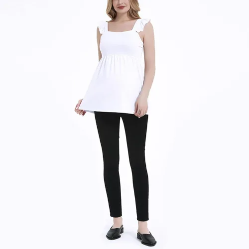 Miniatura 4 de DEBELLY Camiseta de maternidad para mujer, cuello cuadrado, tirantes con volantes, sin mangas, para embarazo, linda blusa tipo babydoll de verano