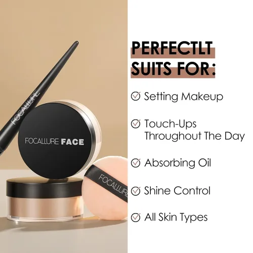 Miniatura 4 de FOCALLURE Polvo Facial Suelto de Control de Grasa, Polvo Fijador Suelto Translúcido, Polvo de Acabado Mate Sin Brillo, Fija el Maquillaje de Base
