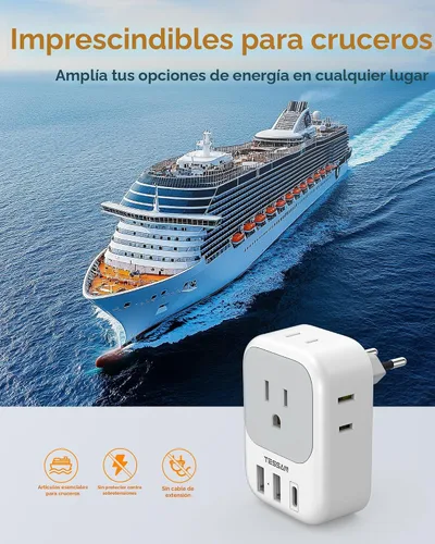 Miniatura 6 de Adaptador de enchufe de viaje europeo USB C, adaptador de enchufe internacional TESSAN con 4 salidas de CA, 3 puertos de carga USB, adaptador