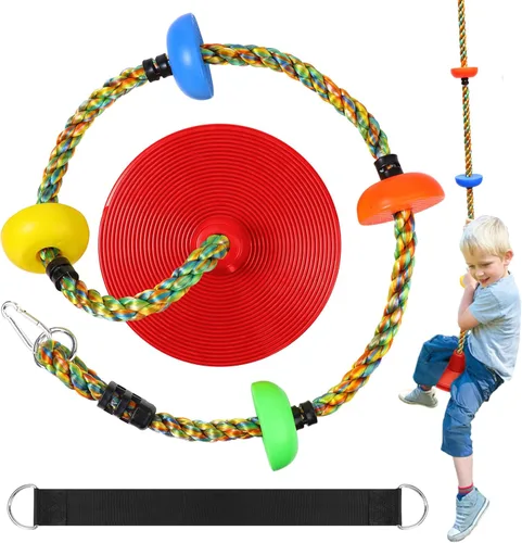 Miniatura 8 de Columpio de árbol para niños, juego de cuerda de escalada de asiento de un solo disco resistente con correa para colgar y mosquetones de plataforma