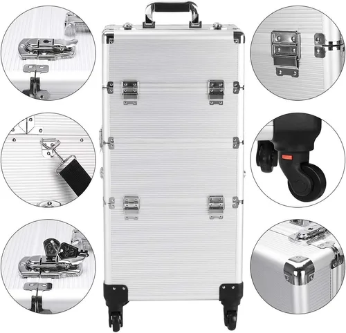 Miniatura 4 de Flandre Estuche de aluminio 3 en 1, organizador de cosméticos de belleza, caja de viaje de maquillaje, caja de tren con ruedas, bandejas plegables