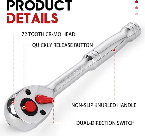 Miniatura 3 de Llave de trinquete de 1/4 pulgadas, trinquete de 1/4, llave de enchufe, cabeza Cr-Mo reversible de liberación rápida de 72 dientes, fabricada