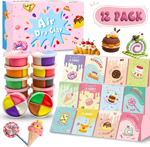 Kit de arcilla seca al aire con tarjetas de felicitación, 12 cajas de arcilla para modelar pasteles de postre, suministros de arte y manualidades