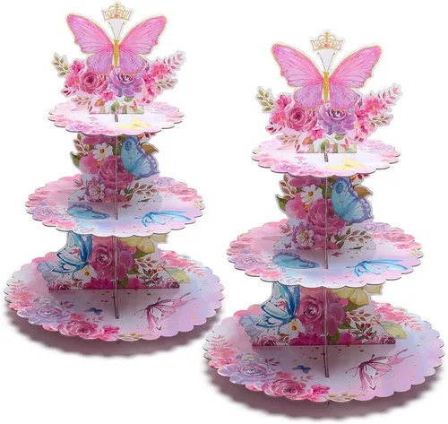 Miniatura 7 de MRPAPA Paquete de 2 soportes de cartón para cupcakes, bandeja de postre de 3 niveles, soporte de papel desechable, mini soporte para tartas