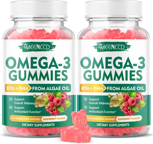 Paquete de 2 gomitas Omega-3 de 1000 mg, aceite de pescado alternativo de Omega 3 para adultos, DHA a base de algas de 600 mg y EPA 300 mg +