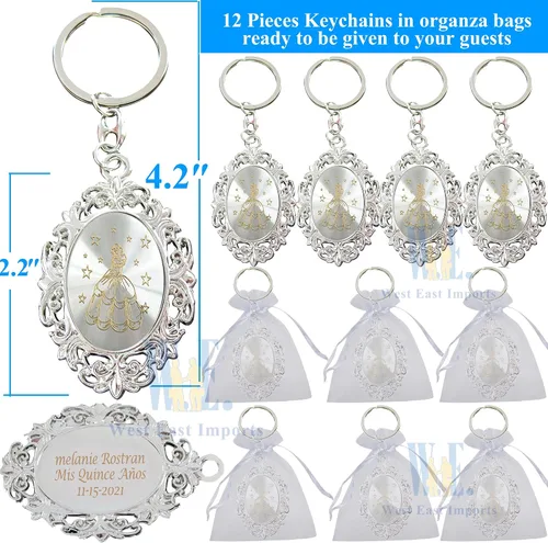 Miniatura 2 de 12 llaveros personalizados de quinceañera para fiesta temática 18 cumpleaños con bolsas de regalo