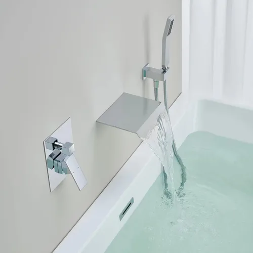 Miniatura 4 de Wowkk Grifo de Bañera de Montaje en Pared Relleno de Tina Cascada Grifo de Bañera Cromado Grifo de Baño de Latón de Una Sola Manija con Ducha de Mano