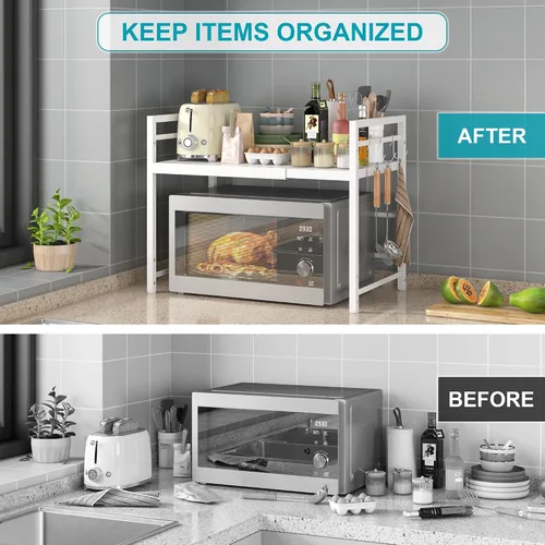 Miniatura 6 de DOLALIKE Estante para horno de microondas, soporte expandible para microondas, organizador de encimera de cocina, almacenamiento de utensilios