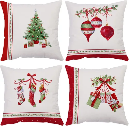 Miniatura 14 de Fundas de Almohada Feliz Navidad 12x12 Juego de 4 Fundas de Almohada de Terciopelo de Navidad Rosa Navidad Invierno Vacaciones Fundas de Almohada