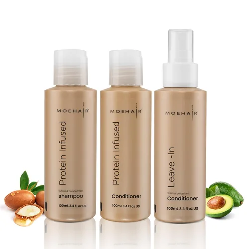 Miniatura 10 de MOEHAIR Kit de viaje (champú proteico, acondicionador, acondicionador sin enjuague y suero para el cabello), sin sulfatos ni parabenos Adecuado