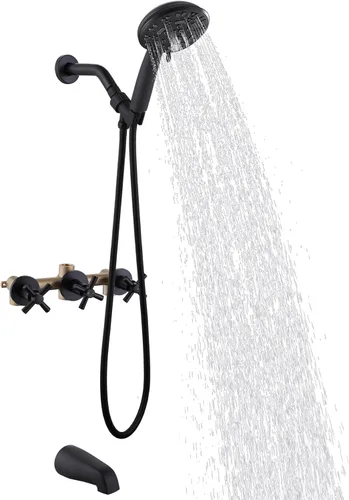 Miniatura 11 de Grifo de ducha de bañera de 3 manijas, juego de grifo de ducha de bañera con caño de bañera, sistema de ducha dual 2 en 1, kit completo de acabados