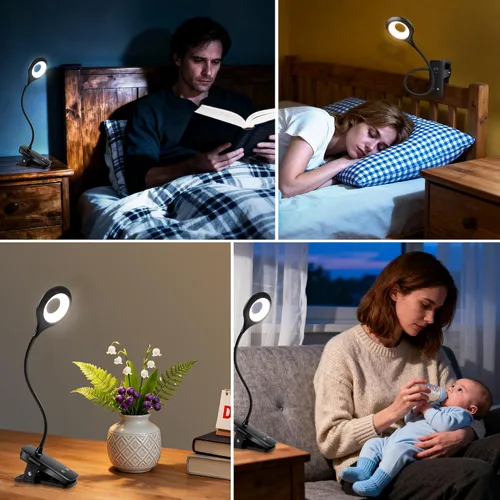 Miniatura 6 de Akynite Lámpara de escritorio LED con clip, 5 modos, 5 brillos regulables, luz de abrazadera regulable, batería recargable, lámpara de lectura Negro