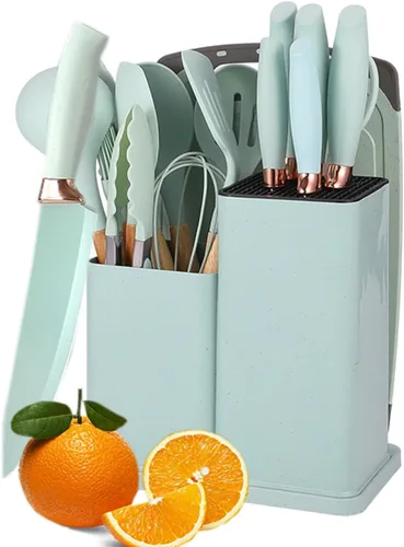 Miniatura 12 de Juego de 19 piezas de utensilios y cuchillos de cocina con bloque, incluye juego de 11 utensilios de cocina de silicona, 5 cuchillos de chef