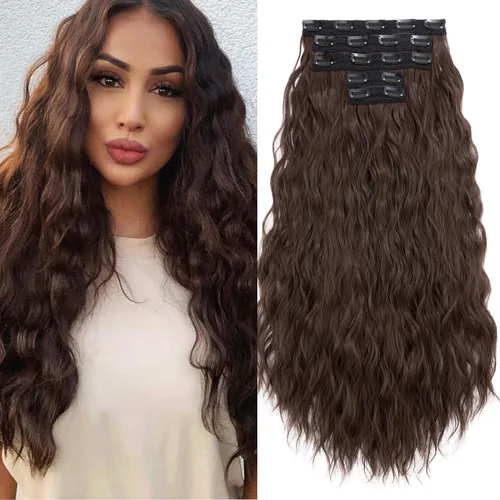 S-noilite Extensiones de cabello con clip de 24 pulgadas en ondulado, marrón, ondas sueltas, 5 piezas, piezas gruesas de cabeza completa