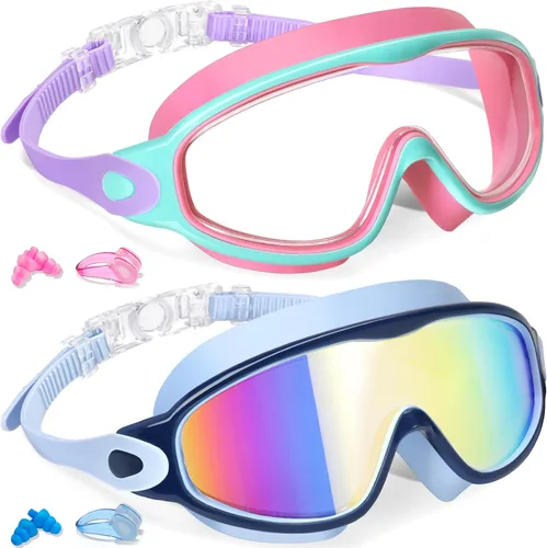 Keary - Paquete de 2 gafas de natación para niños de 3 a 15 años, protección ultravioleta, antivaho, para piscina, agua, para niños, niñas, jóvenes
