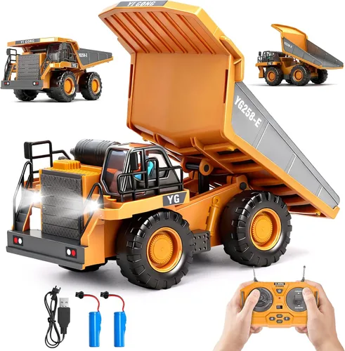 Miniatura 10 de HuiJuKeJi Juguete de excavadora de control remoto de 11 canales, vehículo de construcción RC recargable de 2.4 GHz para niños, rotación de 680°