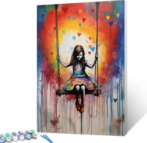 Miniatura 14 de Tucocoo Kits de pintura de globos coloridos por números con pinceles y pigmento acrílico sobre lienzo para adultos, cuadro de calle Banksy Little