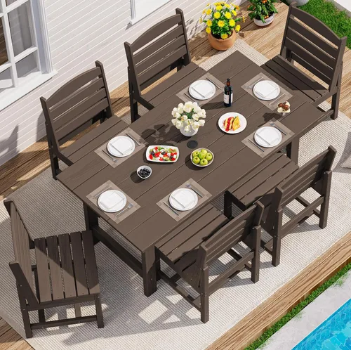 Miniatura 56 de SERWALL Juego de Mesa de Comedor de HDPE para Exteriores, Juego de 7 Piezas de Mesa de Comedor al Aire Libre con Mesa con Corte para Agujero de Gris