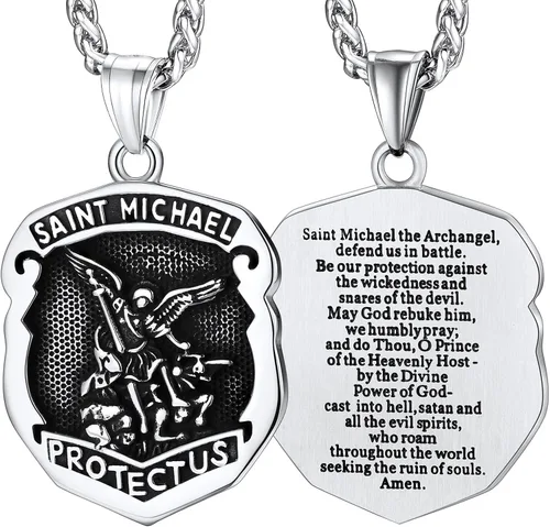 Miniatura 33 de FaithHeart Collar de San Miguel, acero inoxidable, chapado en oro de 18 quilates, amuleto colgante de San Miguel Arcángel para hombres y mujeres