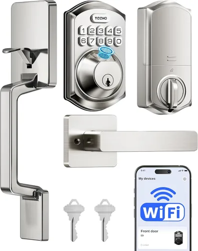 TEEHO TE012W-H - Cerradura de puerta con teclado WiFi con asa, cerraduras inteligentes de huellas dactilares, entrada sin llave para puerta Níquel