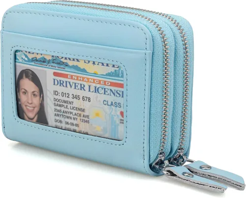 Miniatura 12 de KM Legend Cartera para mujer, delgada, con bloqueo RFID, tarjetero con ventana de identificación, monederos compactos con doble cremallera