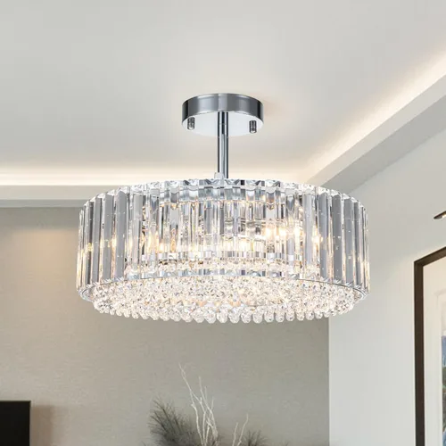 Lingkai Candelabro de Cristal Moderno de 15.8" Cromado Redondo Semi Empotrado Luminaria de Techo Candelabro para Sala de Estar Comedor Dormitorio