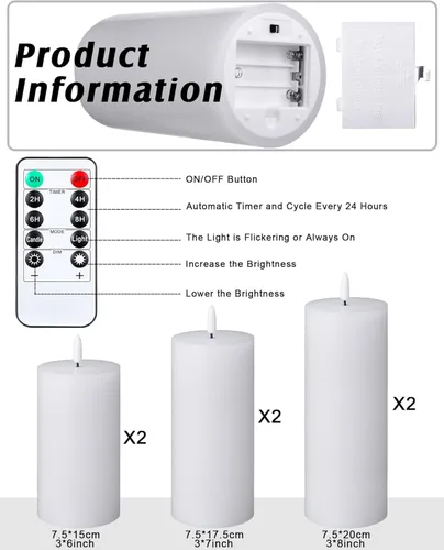 Miniatura 2 de VIHOSE Juego de 6 velas blancas sin llama con control remoto y temporizador, velas parpadeantes sin llama con batería, pilar LED de parte superior