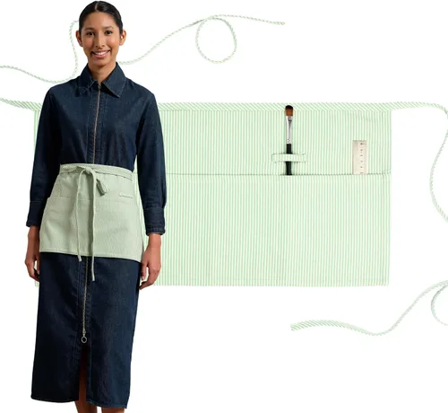 Miniatura 17 de MEEMA Delantal de cintura de chef de tela de algodón, lavable y transpirable, medio delantal para mujer con bolsillos y correas largas