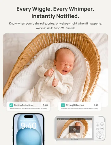 Miniatura 3 de Dr.Care VistaView Monitor inteligente WiFi de 5 pulgadas para bebé, control de aplicación de cámara 2K y pantalla dividida de 1080P, detección