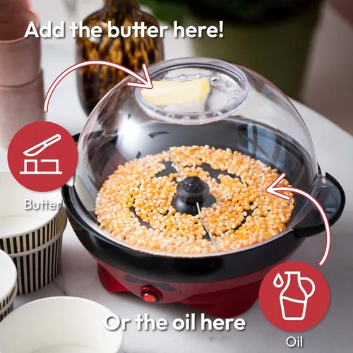 Miniatura 5 de Gadgy Máquina de palomitas de maíz – Máquina eléctrica de 800 W para hacer palomitas de maíz de aceite caliente con placa antiadherente, tapa y Rojo