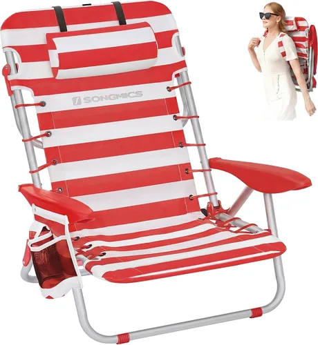 Miniatura 9 de SONGMICS Silla de playa portátil tipo mochila, capacidad de 331 libras, respaldo ajustable con 4 ángulos, 2 bolsillos laterales, toallero, azul