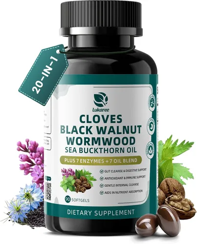 Lukaree Limpieza de clavo de nogal negro de ajenjo para humanos, cápsulas blandas 20 en 1 extra fuertes | Limpieza intestinal y salud digestiva con