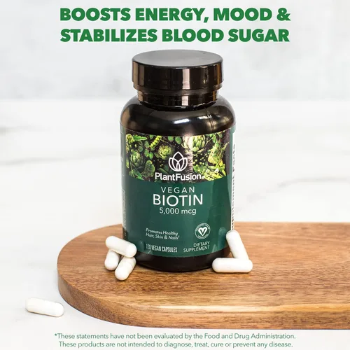 Miniatura 6 de PlantFusion Biotina vegana de biotina vegana prémium para mujeres y hombres (5000 mcg), vitaminas naturales para la piel y las uñas, 120 cápsulas