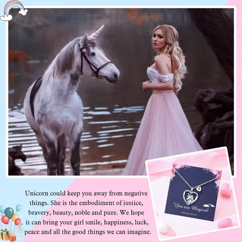 Miniatura 5 de Regalos de unicornios para niñas, dije de corazón chapado en oro blanco de 14 quilates con circonita cúbica You Are Magical Unicorn Necklace Girls