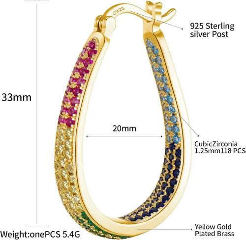 Miniatura 2 de Arracadas con poste para mujer, de plata de ley 925, diseño ovalado y grueso con circonias cúbicas multicolor y chapado en oro de 14 quilates