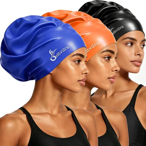 Paquete de 3 gorros de natación extra grandes para trenzas y rastas de cabello largo, negro, mujeres y hombres, natación, silicona, impermeable,