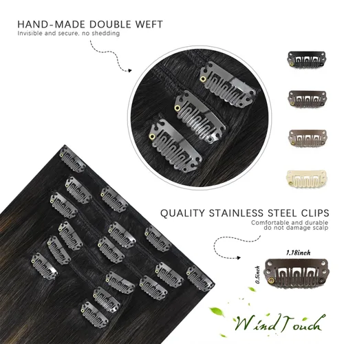 Miniatura 7 de WindTouch Extensiones de cabello humano con pinzas, balayage, color marrón oscuro a castaño con reflejos, para cabello castaño, 12 pulgadas, 2.47