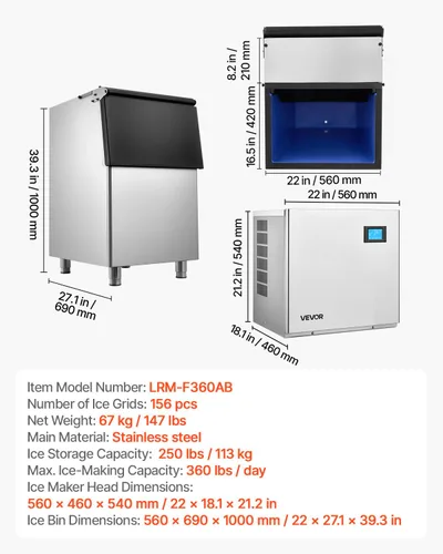 Miniatura 9 de VEVOR Máquina de hacer hielo comercial, máquina de hacer hielo de 360 libras/24 horas con contenedor de almacenamiento grande de 250 libras, máquina