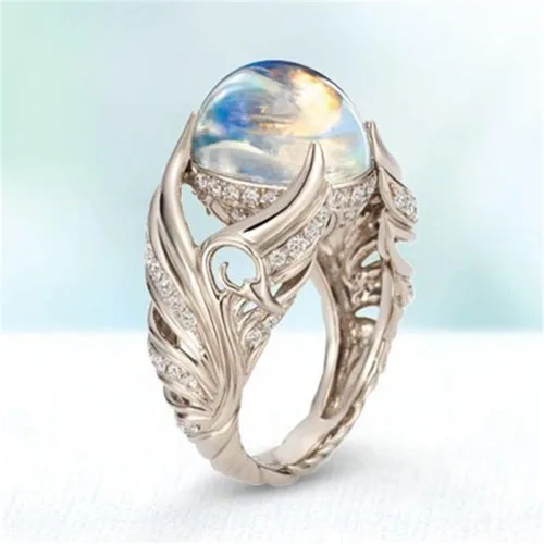 Miniatura 3 de Anillo de plata de ley 925 espiritual con alas de ángel, anillo de boda, joyería de diamante de piedra lunar, accesorio casual, anillos de compromiso