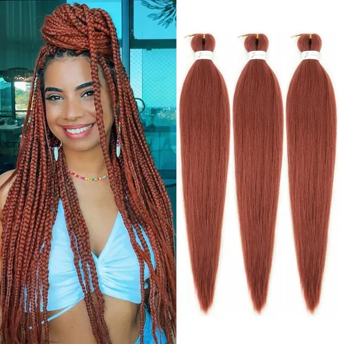 Miniatura 52 de Cabello trenzado marrón preestirado de 30 pulgadas, 3 paquetes de cabello trenzado preestirado de color 30 EZ, textura Yaki, extensiones de cabello